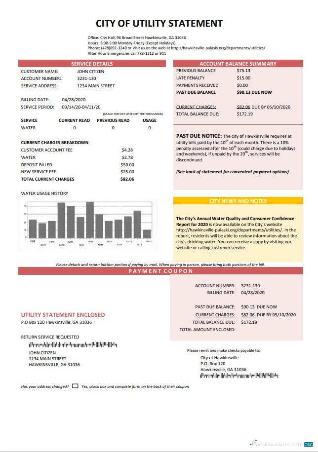 download USA City of Utility Statement water utility bill template in Word and PDF format PDF template